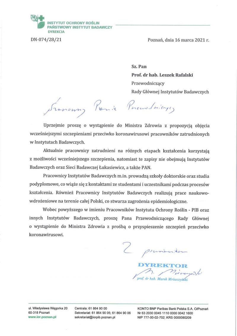 Pismo Dyrektora IOR-PIB do Przewodniczącego RGIB ws. szczepień przeciwko COVID-19