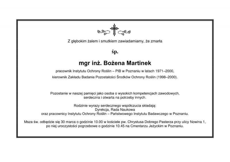 Zmarła mgr inż. Bożena Martinek