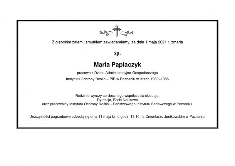 Zmarła śp. Maria Paplaczyk