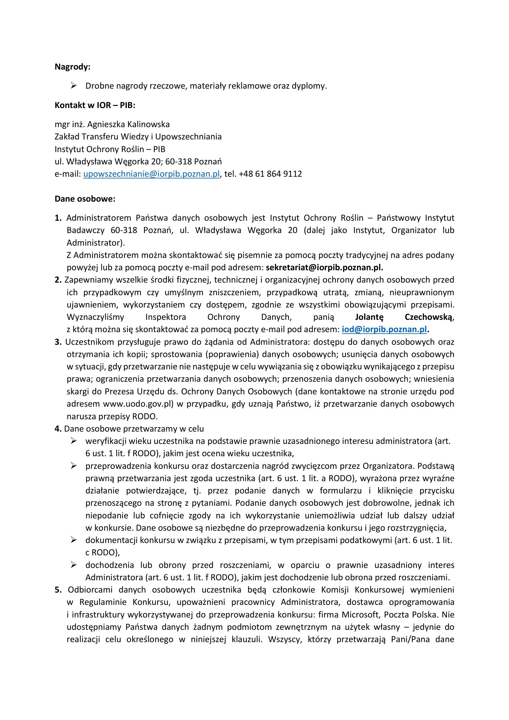 Regulamin Quiz - Agrofagi roślin rolniczych 2026-2